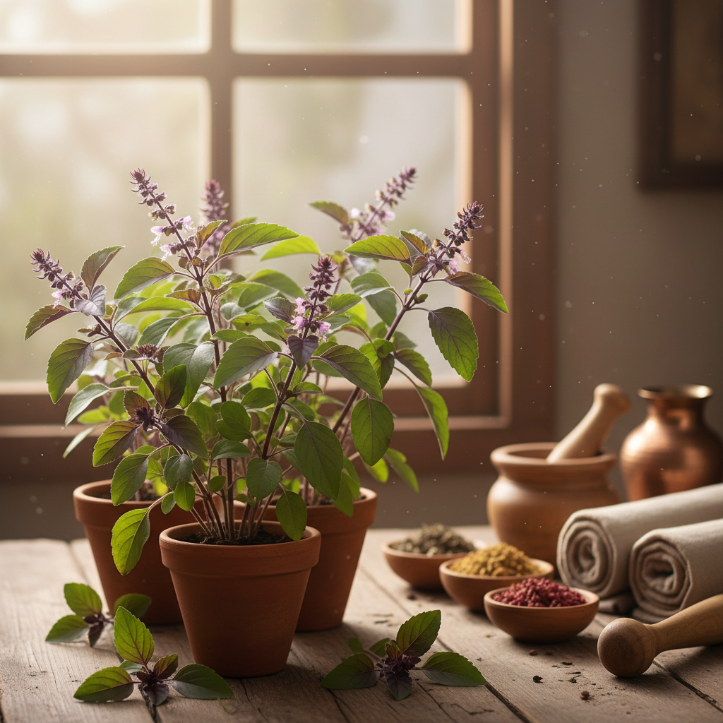 alt="Sveže biljke ljubičastog bosiljka (Tulsi za imunitet) u saksijama na drvenom stolu pored prozora, spremne za kućnu upotrebu."