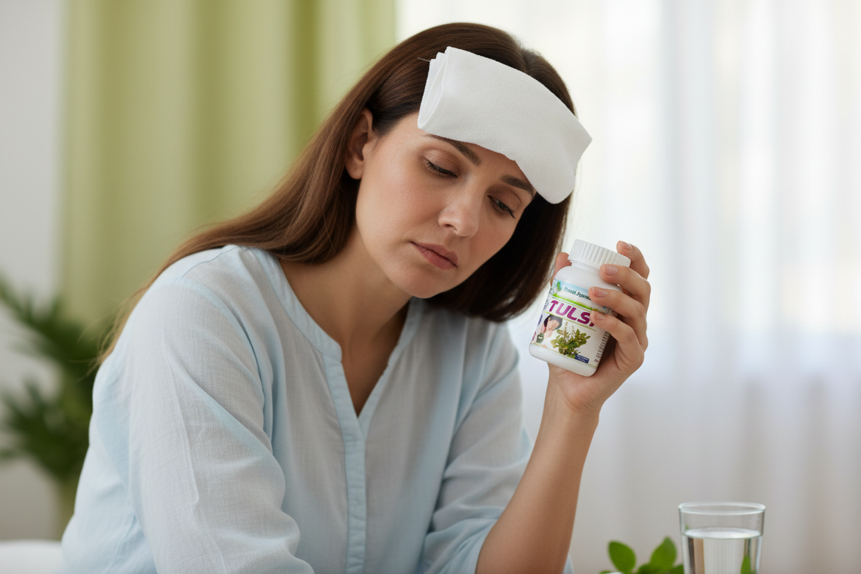 alt="Bolesna žena sa oblogom na glavi drži bočicu sa kapsulama Tulsi za imunitet od Planet Ayurveda kao prirodni lek protiv prehlade."