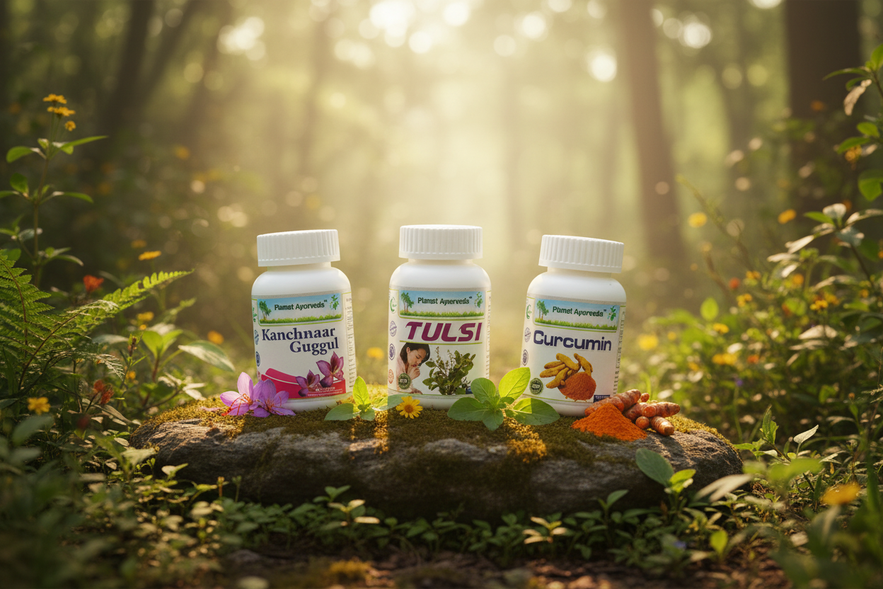 alt="Ajurvedski herbalni suplementi od Planet Ayurveda (Kurkumin, Tulsi i Kanchnaar Guggul) postavljeni na kamen u prirodi, koji se koriste za prirodnu podršku kod raka dojke."