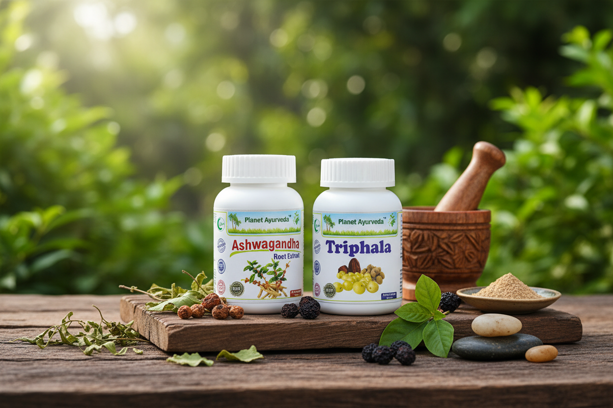 Prirodni dodaci Ashwagandha i Triphala od Planet Ayurveda za podršku vašoj Ajurvedskoj ishrani za Vata Doša.