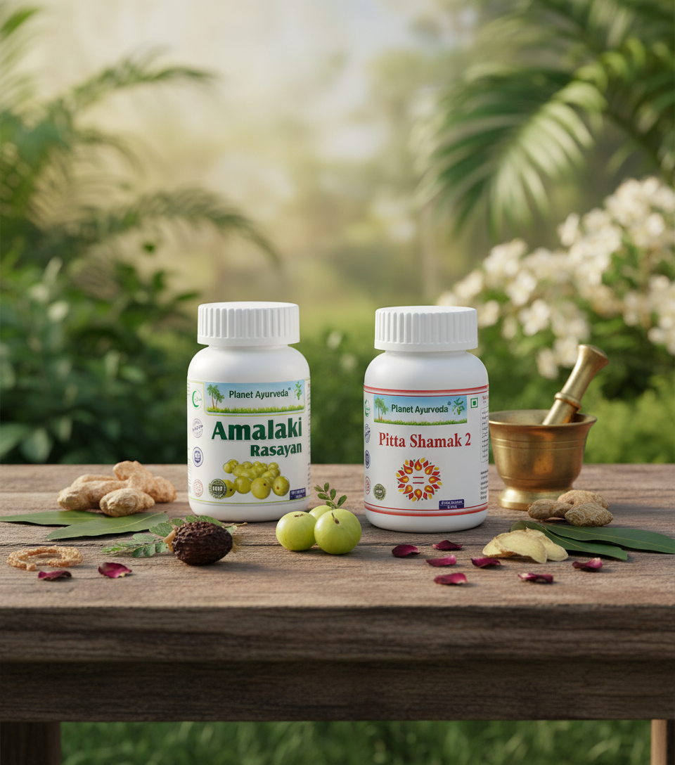 Suplementi Amalaki Rasayan i Pitta Shamak 2 od Planet Ayurveda namenjeni za podršku i balans Ajurvedske dijete za Pita došu.
