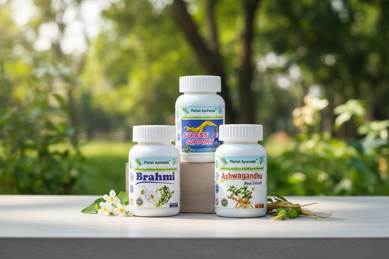 alt="Ajurvedski dodaci Ashwagandha, Brahmi i Stress Support od Planet Ayurvede koji se koriste kao efikasan prirodni lek za depresiju."
