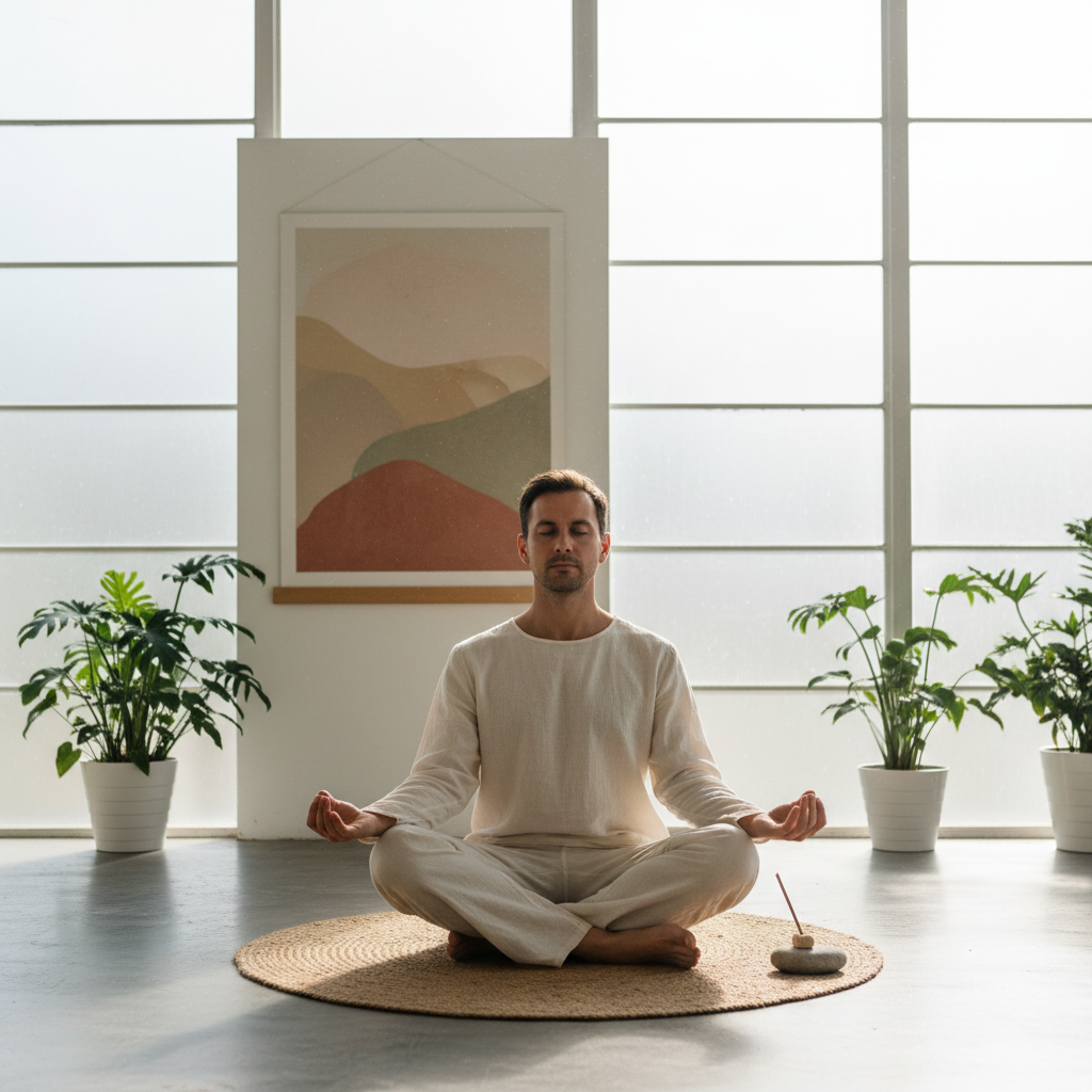 Muškarac koji praktikuje duboku meditaciju i jogu kao dokazan prirodni lek za stres i napetost.