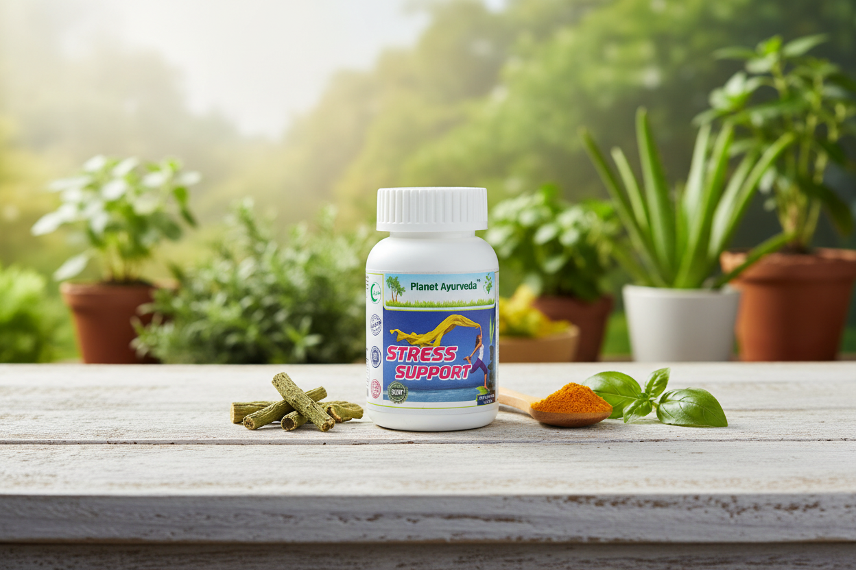 alt="Bočica sa ajurvedskim dodatkom Stress Support od Planet Ayurveda okružena lekovitim biljkama, moćan prirodni lek za nesanicu."