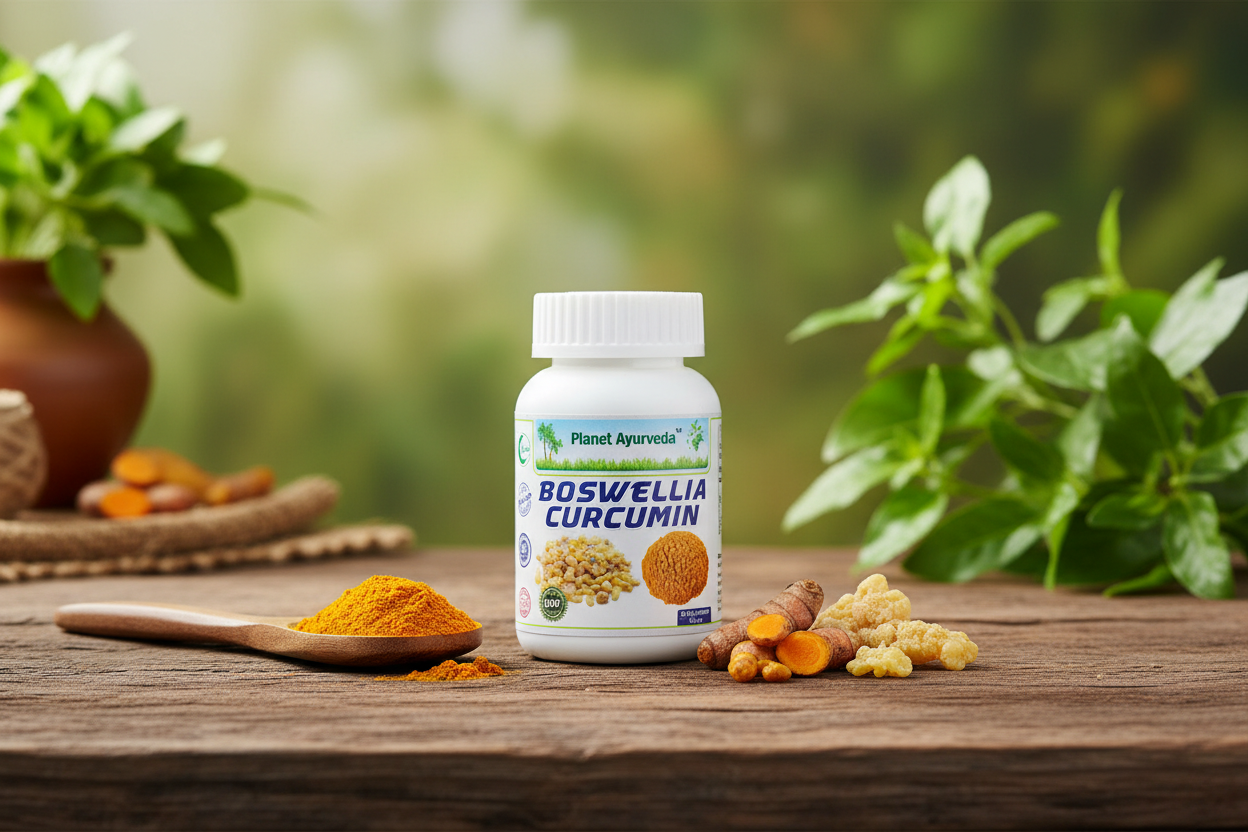 Bočica sa dodatkom Boswellia Curcumin od Planet Ayurvede, prirodni lek za reumatoidni artritis, okružena kurkumom i smolom.