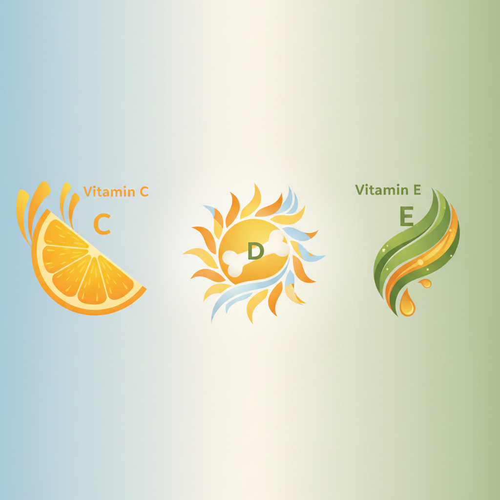 alt="Ilustracija ključnih vitamina C, D i E koji su neophodni za prirodno poboljšanje imuniteta."