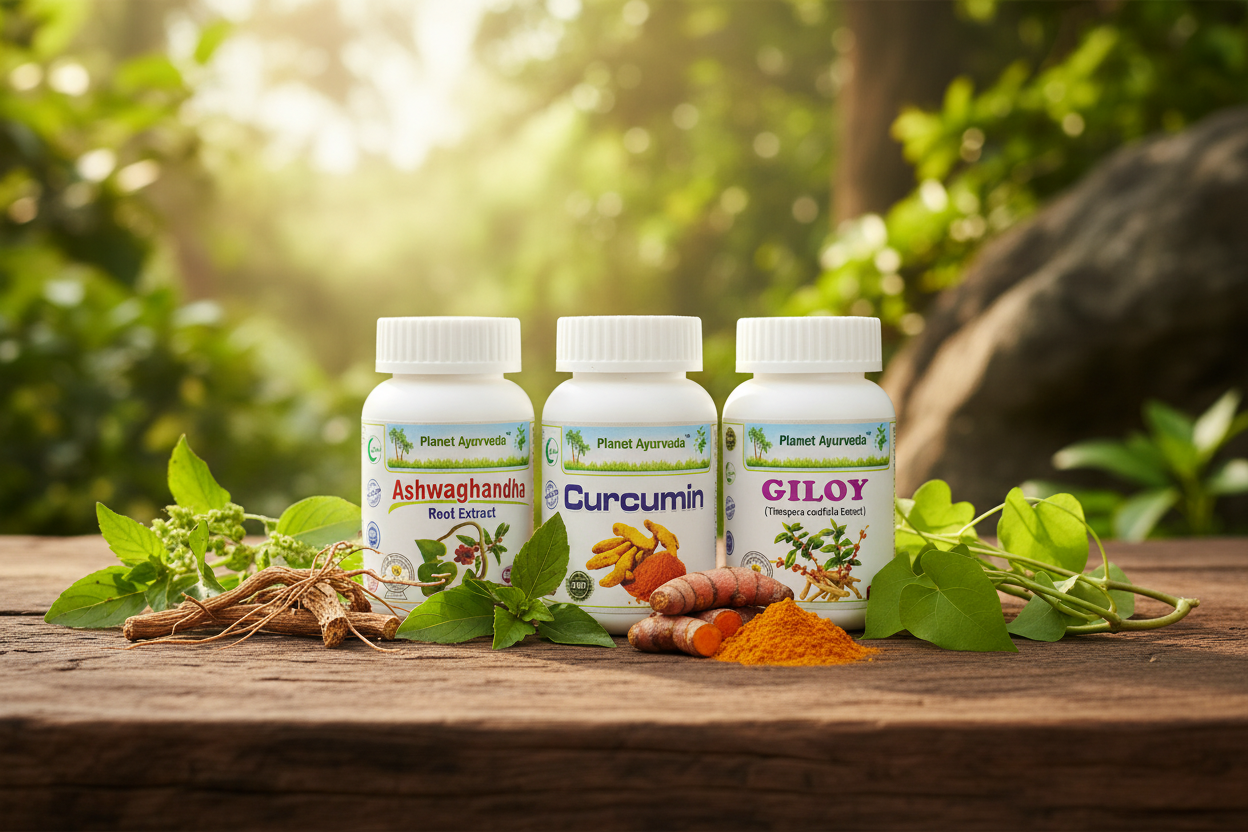 alt="Ajurvedski suplementi Ashwagandha, Curcumin i Giloy iz Planet Ajurvede na drvenom stolu sa svežim biljkama, za moćno poboljšanje imuniteta."