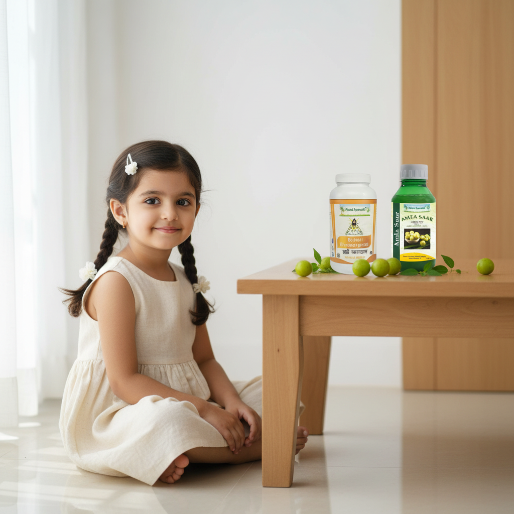 alt="Mala devojčica koja sedi pored proizvoda Amla Saar i Brahmi Chyawanprash, prirodna rešenja za poboljšanje imuniteta kod dece."
