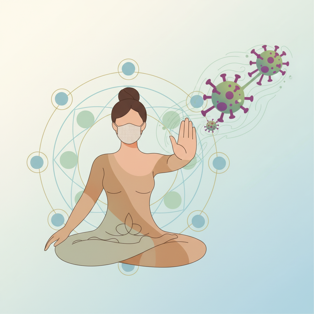 Ilustracija žene koja meditira sa zaštitnom maskom i rukom zaustavlja virusne čestice, simbolizujući prevenciju i zaštitu od bolesti izazvanih virusima.