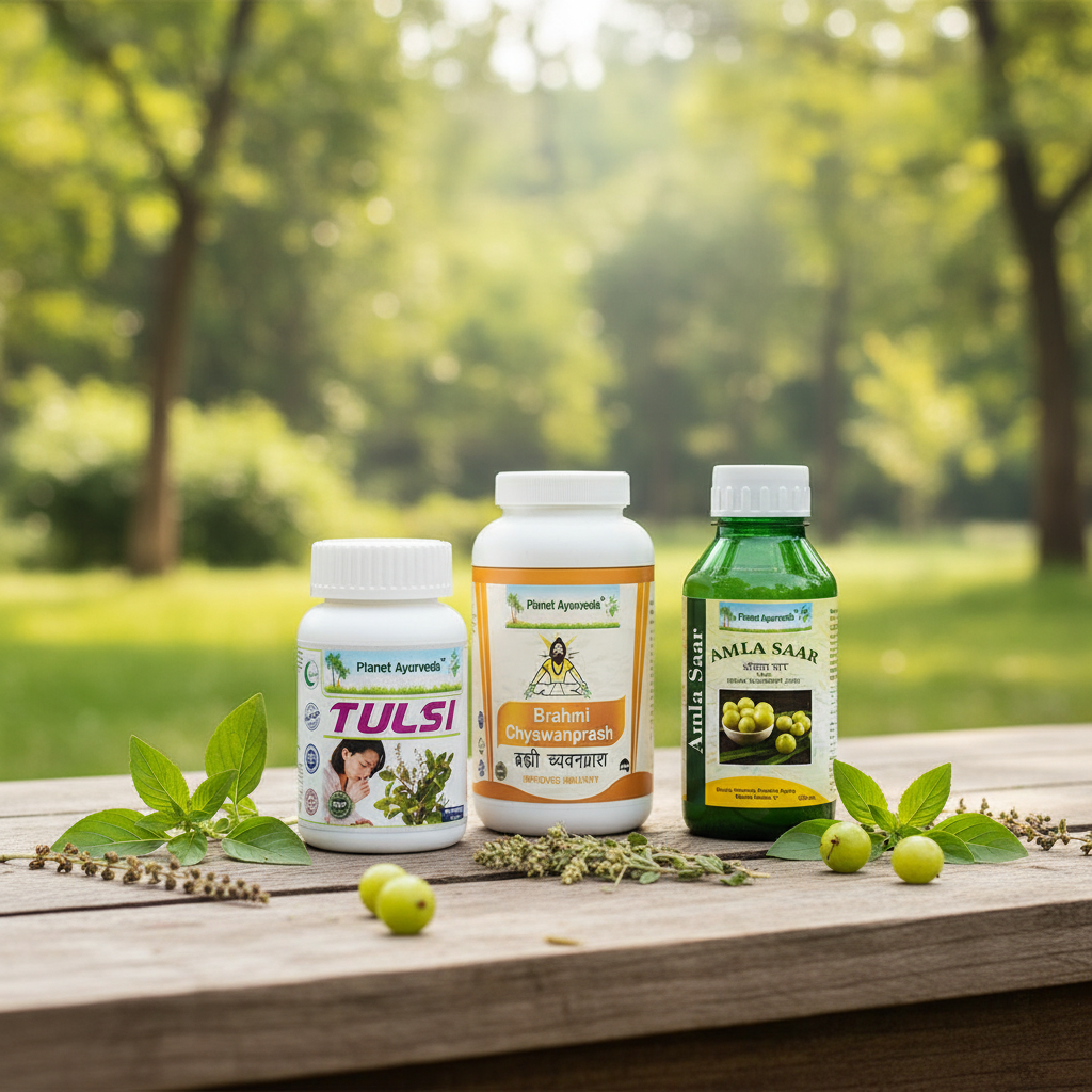 Prirodni proizvodi od Planet Ayurveda (Tulsi, Brahmi Chyawanprash i Amla Saar) postavljeni u prirodi, koji služe kao podrška kod bolesti izazvanih virusima.
