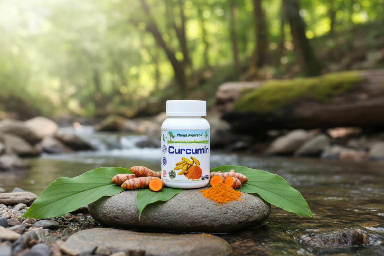 Alt: Prirodne Curcumin kapsule od Planet Ajurvede koje sadrže koncentrisanu kurkumu kao lek za upale.