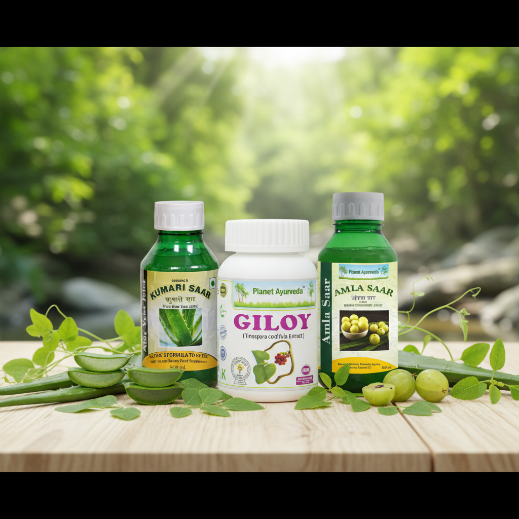 Herbalni suplementi Kumari Saar, Giloy i Amla Saar za prirodno suočavanje sa simptomima lupusa i lečenje prema Ajurvedi.