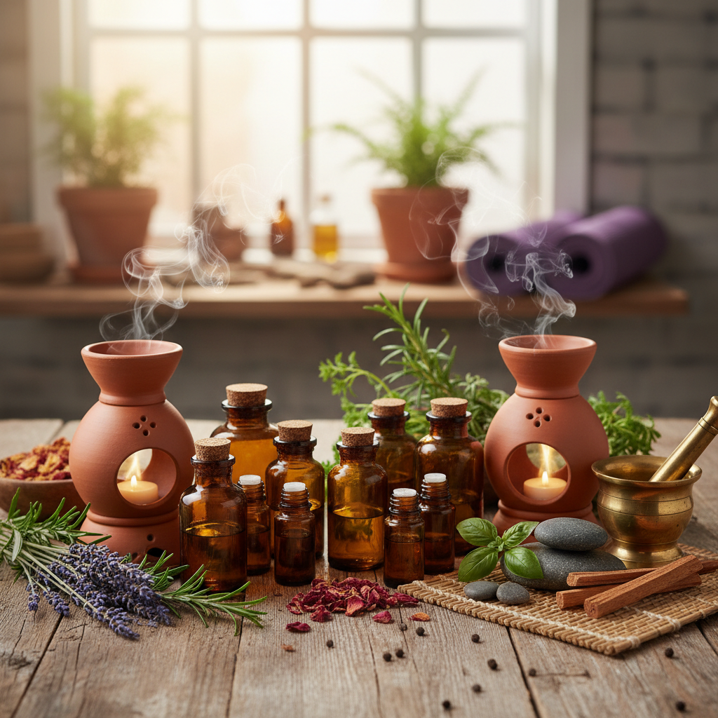 alt="Aromaterapija sa esencijalnim uljima i biljkama za relaksaciju preko alternativne medicine i ajurvede"