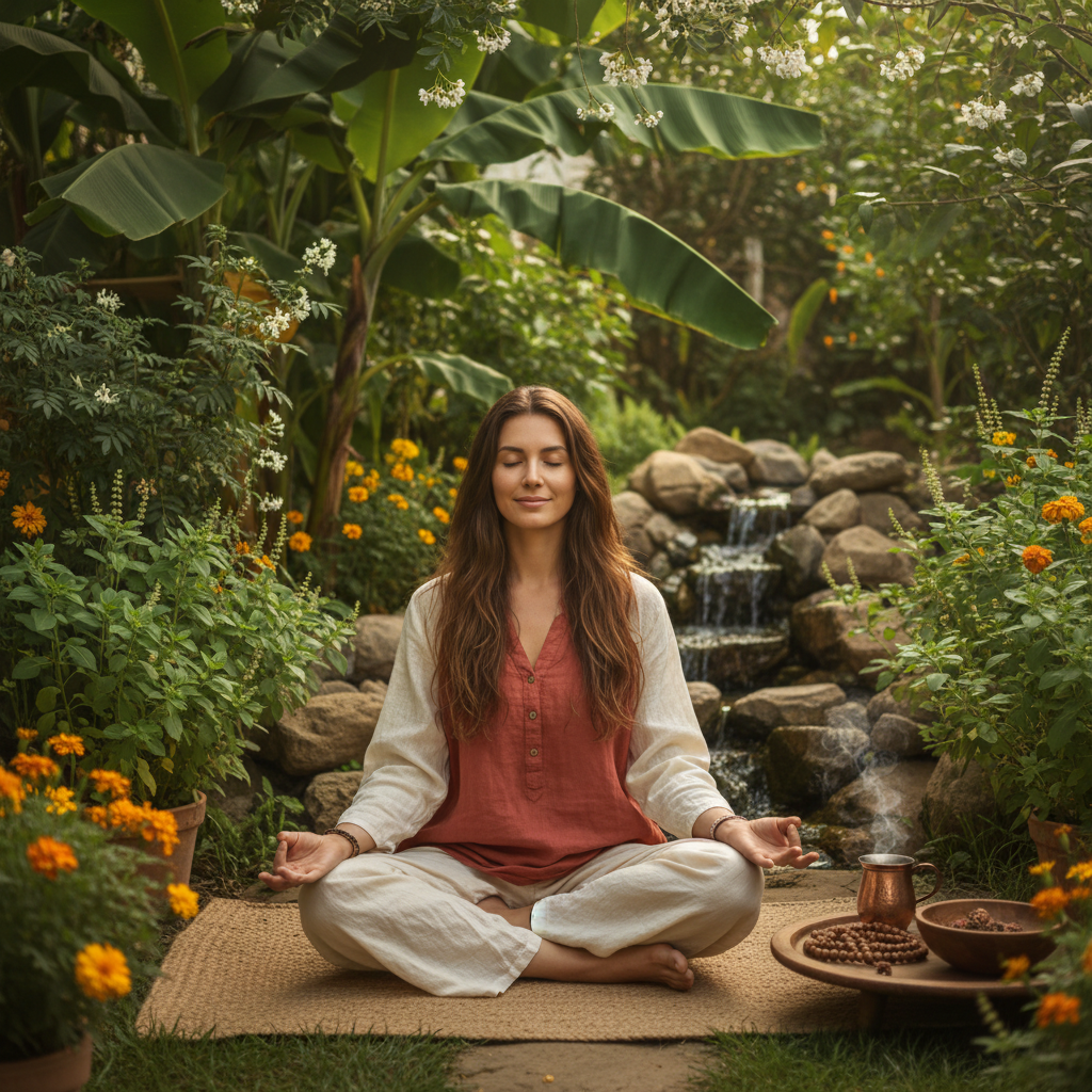 alt="Holistički pristup zdravlju sa meditacijom u prirodi i primenom alternativne medicine i ajurvede"