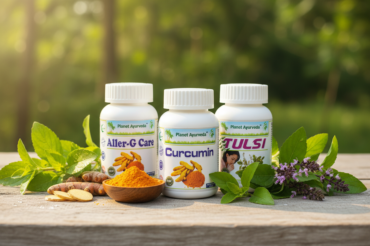 Ajurvedski proizvodi Aller G Care, Curcumin i Tulsi za prirodan tretman alergija.