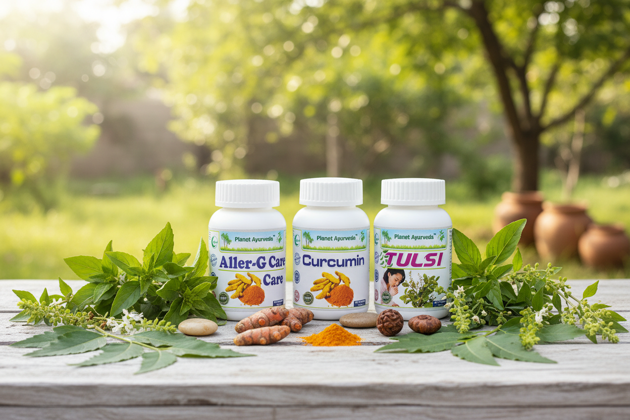 Prirodni ajurvedski suplementi Aller-G Care, Curcumin i Tulsi za tretman različitih vrsta alergija u kućnim uslovima.