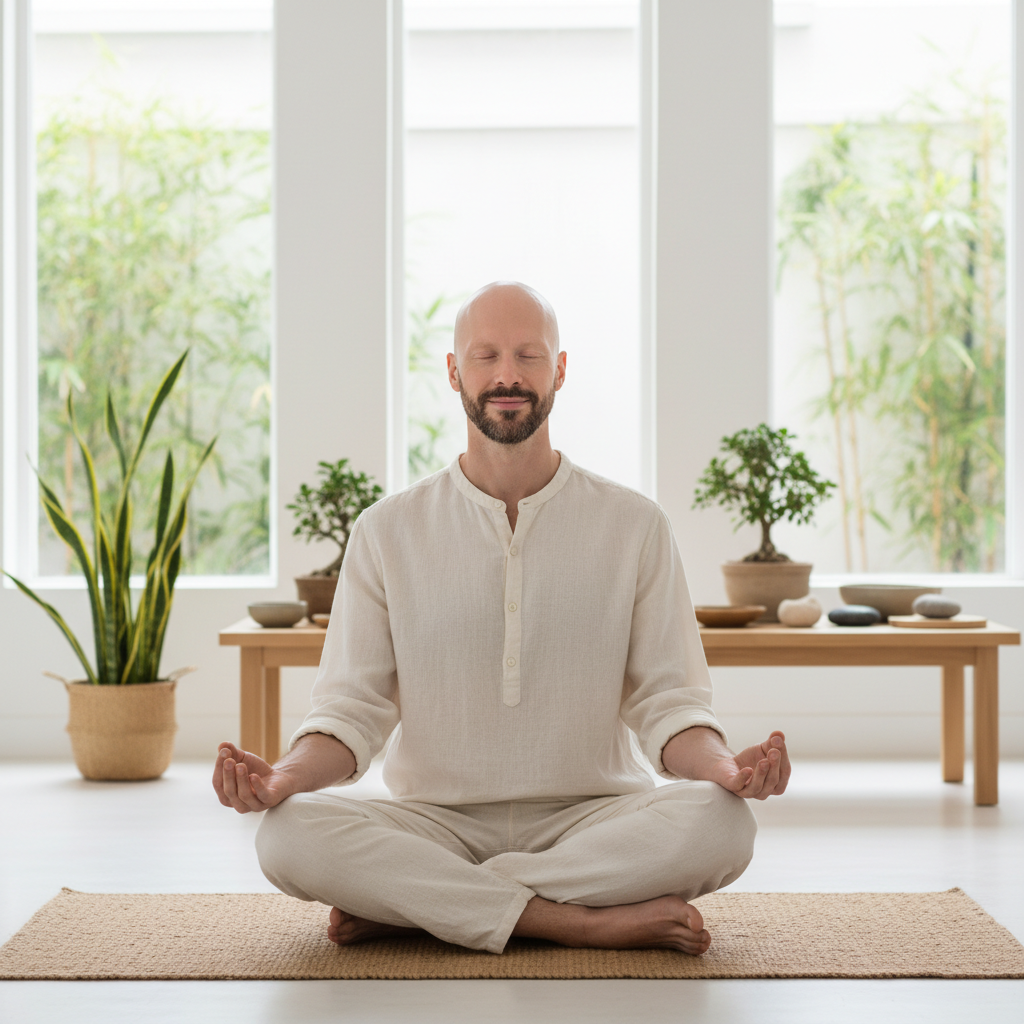 Muškarac meditira u mirnoj atmosferi za smanjenje stresa kao deo programa Alopecija prirodna rešenja.