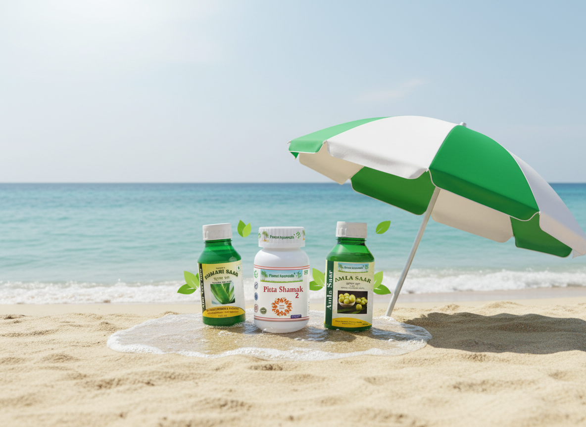 Ajurvedski suplementi od Planet Ayurveda na plaži kao deo ključnih ajurvedskih saveta za leto.