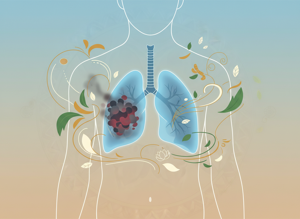 Anatomski prikaz respiratornog sistema sa tumorskom masom i biljnim elementima za ajurvedski tretman za rak pluća.