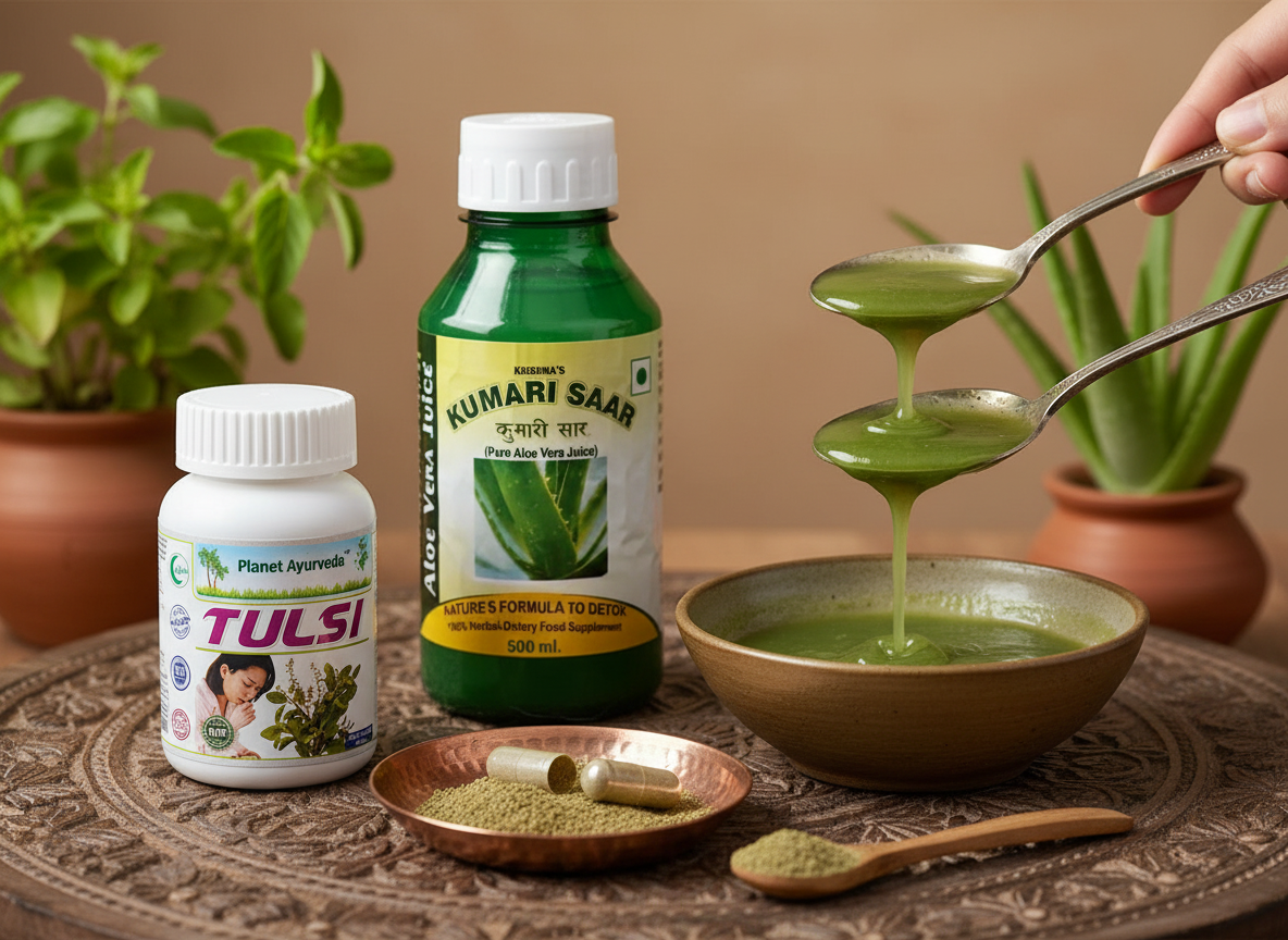 Priprema umirujućeg gela sa Tulsi i Aloe Verom za prirodnu zaštitu od insekata i iritacija.