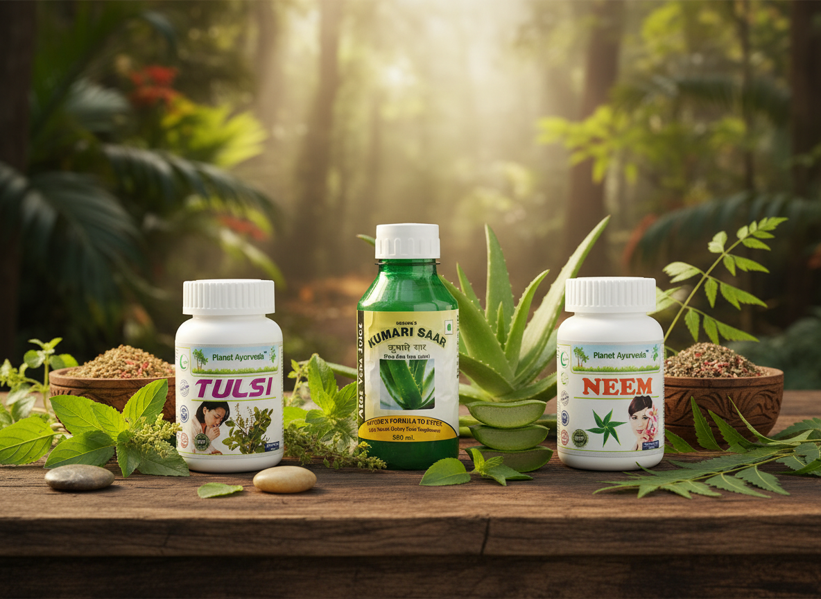 Komplet ajurvedskih suplemenata od Planet Ayurveda za unutrašnju i spoljašnju prirodnu zaštitu od insekata.