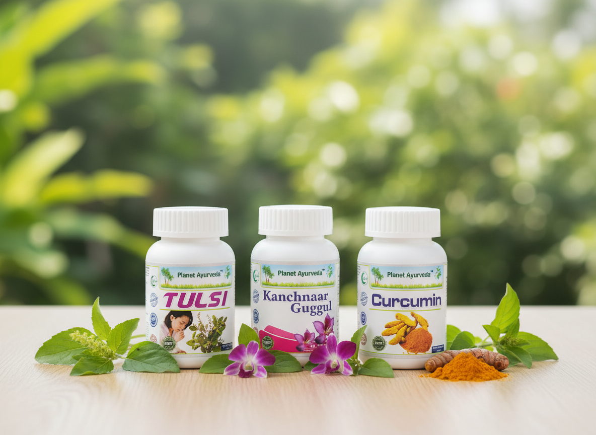 Prirodni suplementi Tulsi, Kanchnaar Guggul i Curcumin za podršku kod pojave znakova raka.