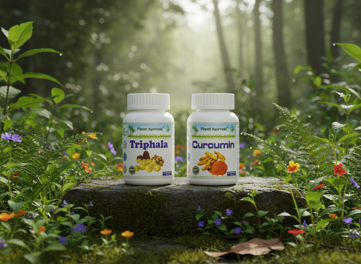 Prirodni dodaci Triphala i Curcumin od Planet Ajurveda za podršku varenju kod slabog agnija.