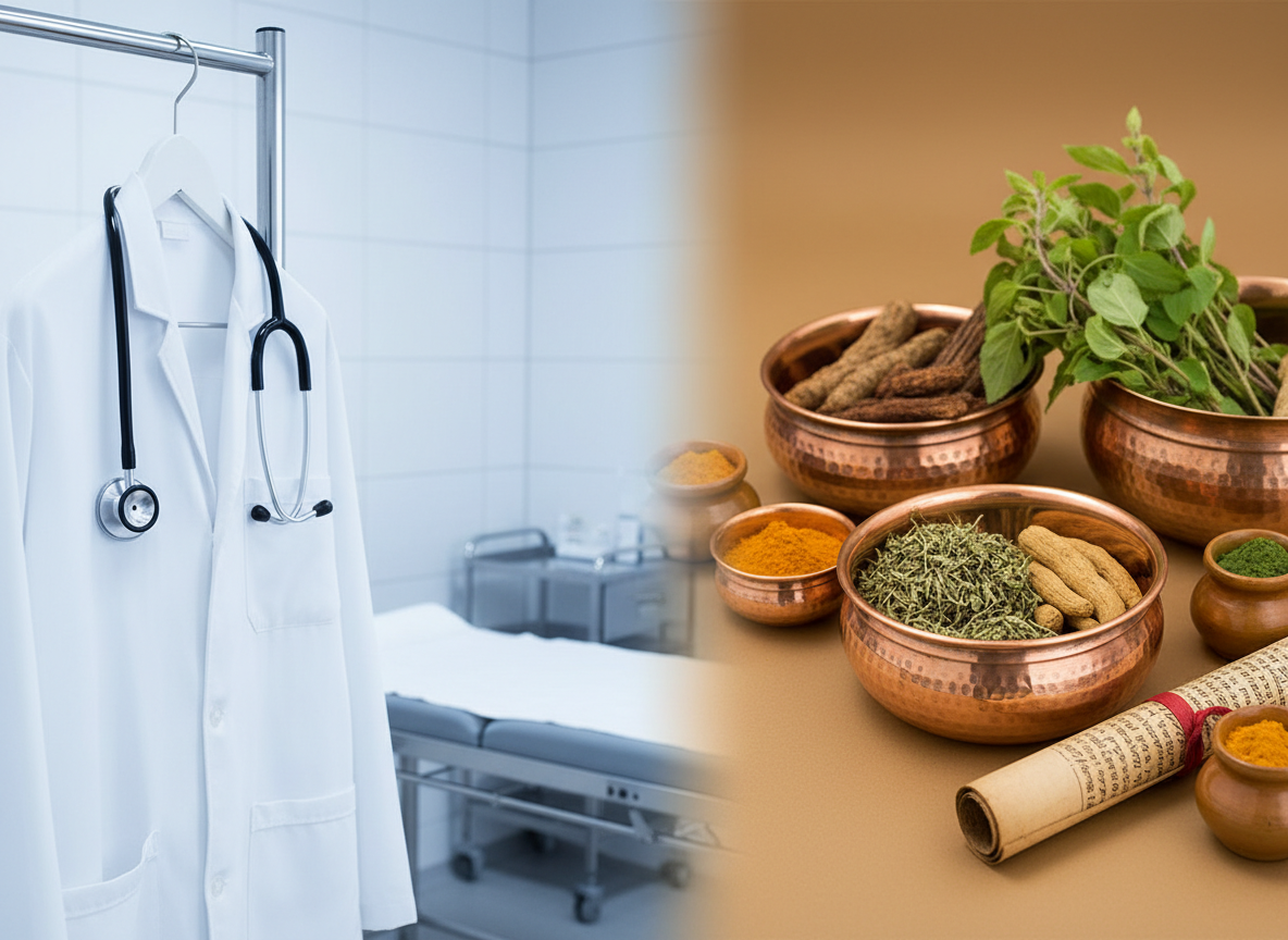 Podeljeni prikaz koji poredi modernu medicinu (beli mantil) i drevnu mudrost (indijske biljke), odgovarajući na pitanje Šta je Ajurveda u savremenom kontekstu.