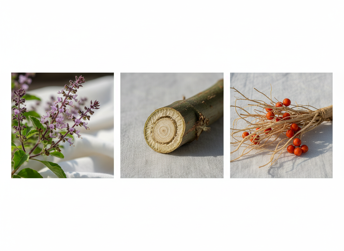 Detaljan prikaz ključnih biljaka Tulsi, Giloj i Ašvaganda iz našeg Ajurvedskog vodiča za imunitet, prezentovanih u minimalističkom stilu na svetloj pozadini.