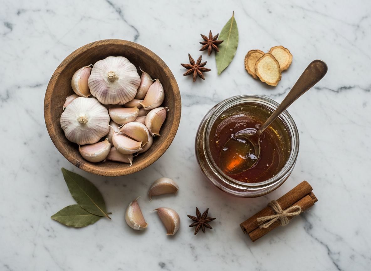 Svež beli luk i tegla organskog meda na mermernoj površini, prikazani kao tradicionalna i efektivna sinergija za podršku imunološkom sistemu u ovom Ajurvedskom vodiču za imunitet.