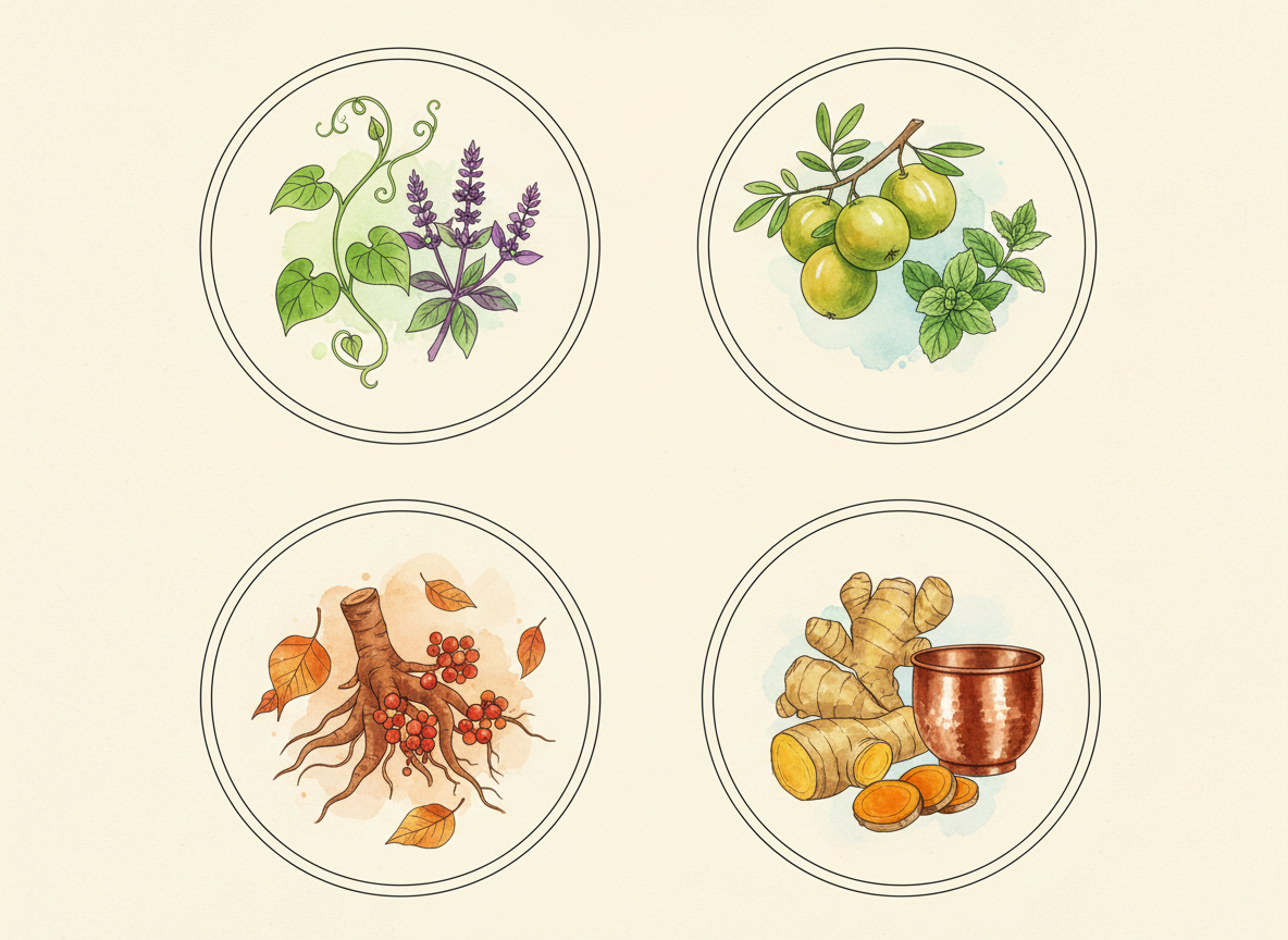 Četiri detaljne ilustracije u krugovima koje predstavljaju prirodne sastojke Tulsi, Amla, Ašvaganda i Đumbir, spomenuti u našem Ajurvedskom vodiču za imunitet.