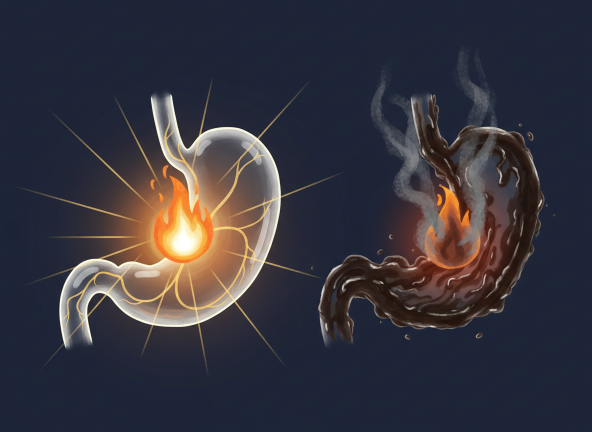 Ilustracija zdravog i toksičnog stomaka, koja prikazuje ulogu Agni u digestiji, detoksu i Pančakarma tretmanu.