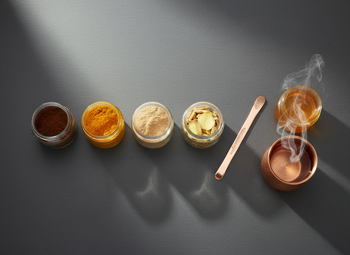 Professional product-style flat-lay on a slate gray surface: five small glass jars with labels conta