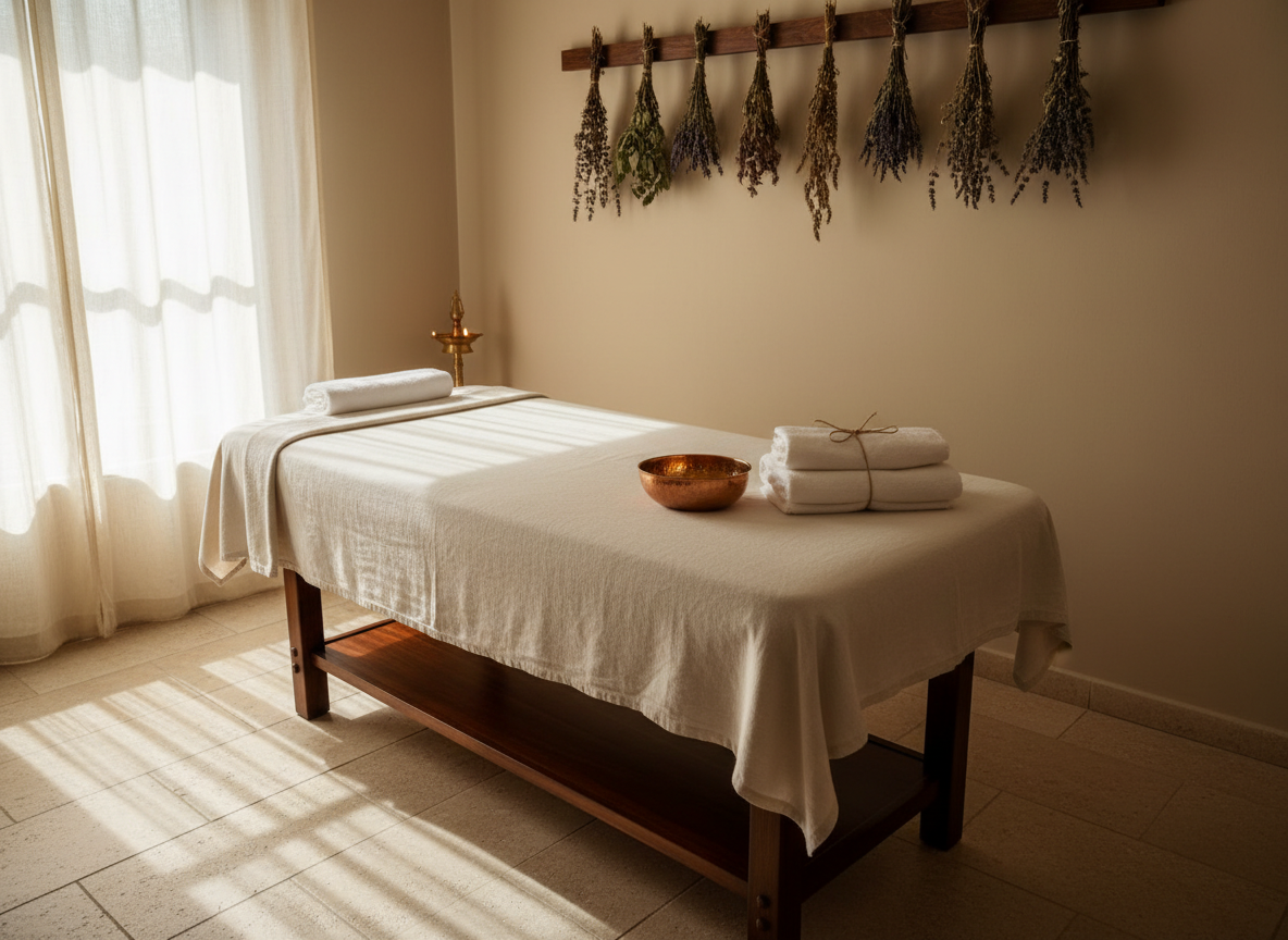 Serene Ayurvedic treatment room: a dark wooden treatment table with warm golden sesame oil in a smal