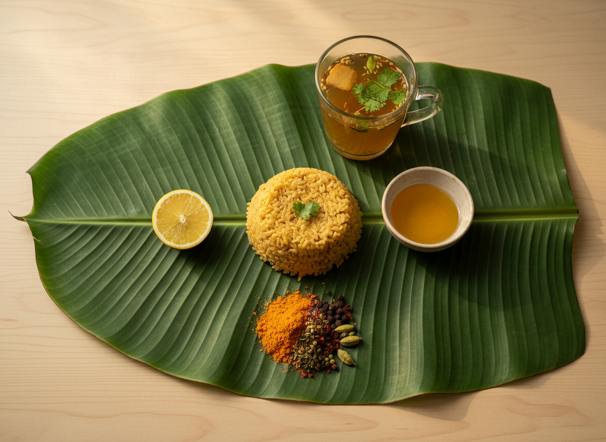 Warm, inviting top-down shot of a traditional Ayurvedic meal spread on a banana leaf: small portions