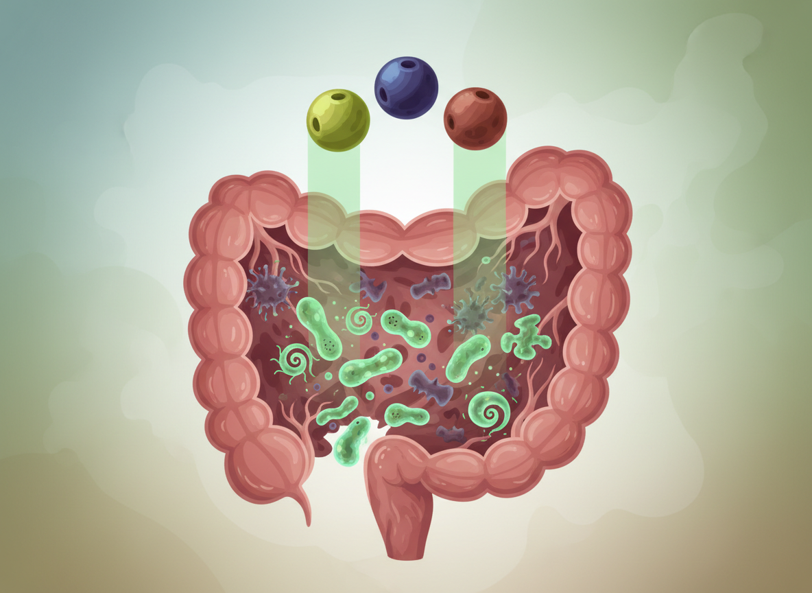 Scientific-meets-natural illustration: a cross-section of a human gut shown as a stylized organic ca