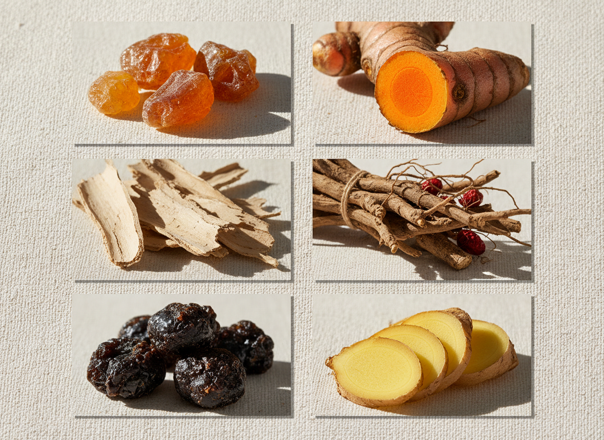 Six botanical macro portraits in a 2x3 grid on warm white linen: 1) Boswellia serrata resin chunks (