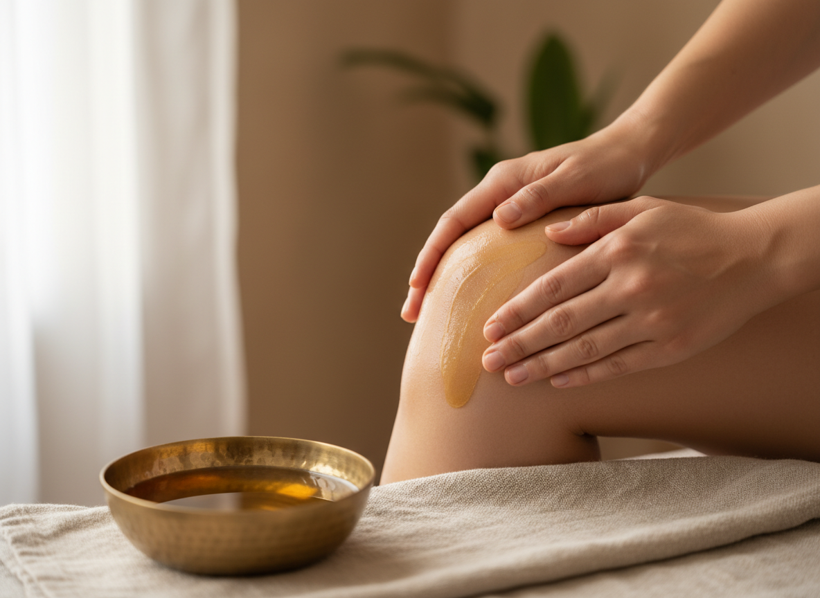 Close-up lifestyle photograph: a pair of gentle hands applying warm golden sesame oil to a person's 