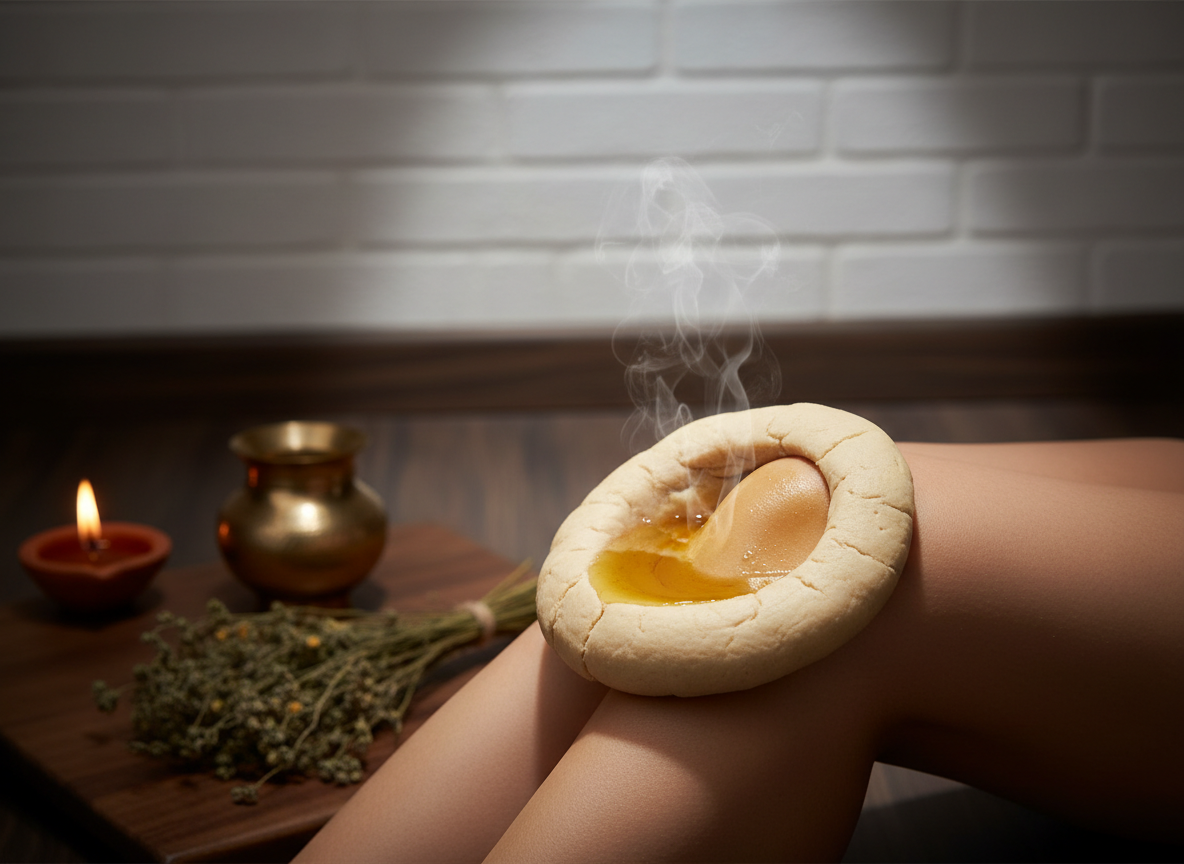 Atmospheric photo of traditional Janu Basti Ayurvedic knee therapy: a knee joint surrounded by a sma