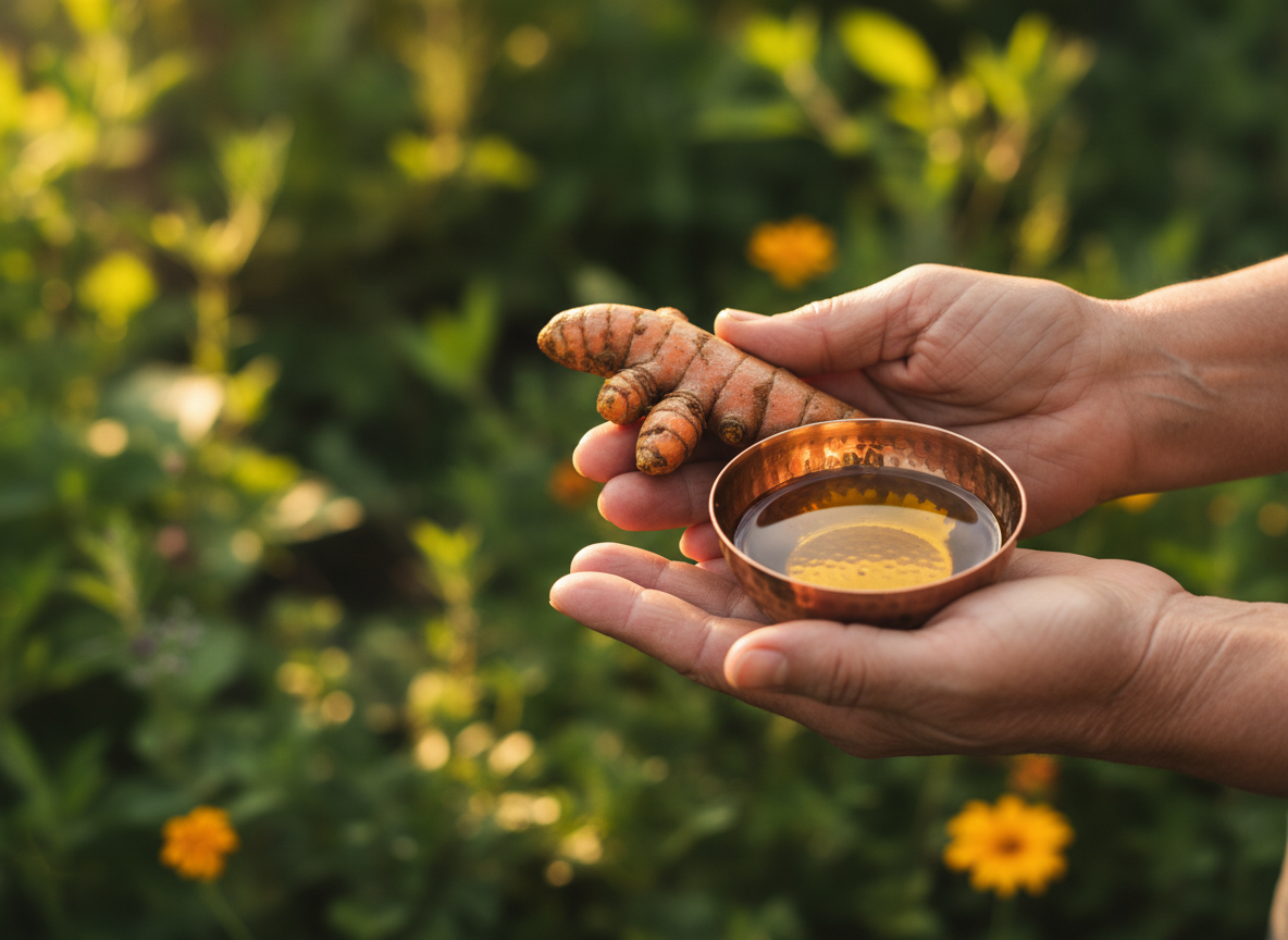 "Lifestyle photograph: an older person's hands (weathered, wise-looking) gently holding a fresh turm