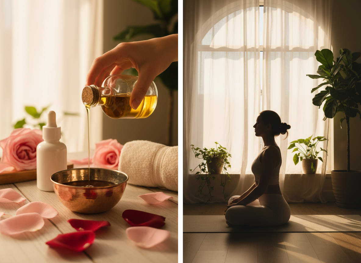 Uporedna fotografija ruke koja nanosi ulje (Abhyanga) i žene koja meditira, prikazujući dve moćne ajurvedske prakse za upravljanje stresom i održavanje hormonalnog balansa.