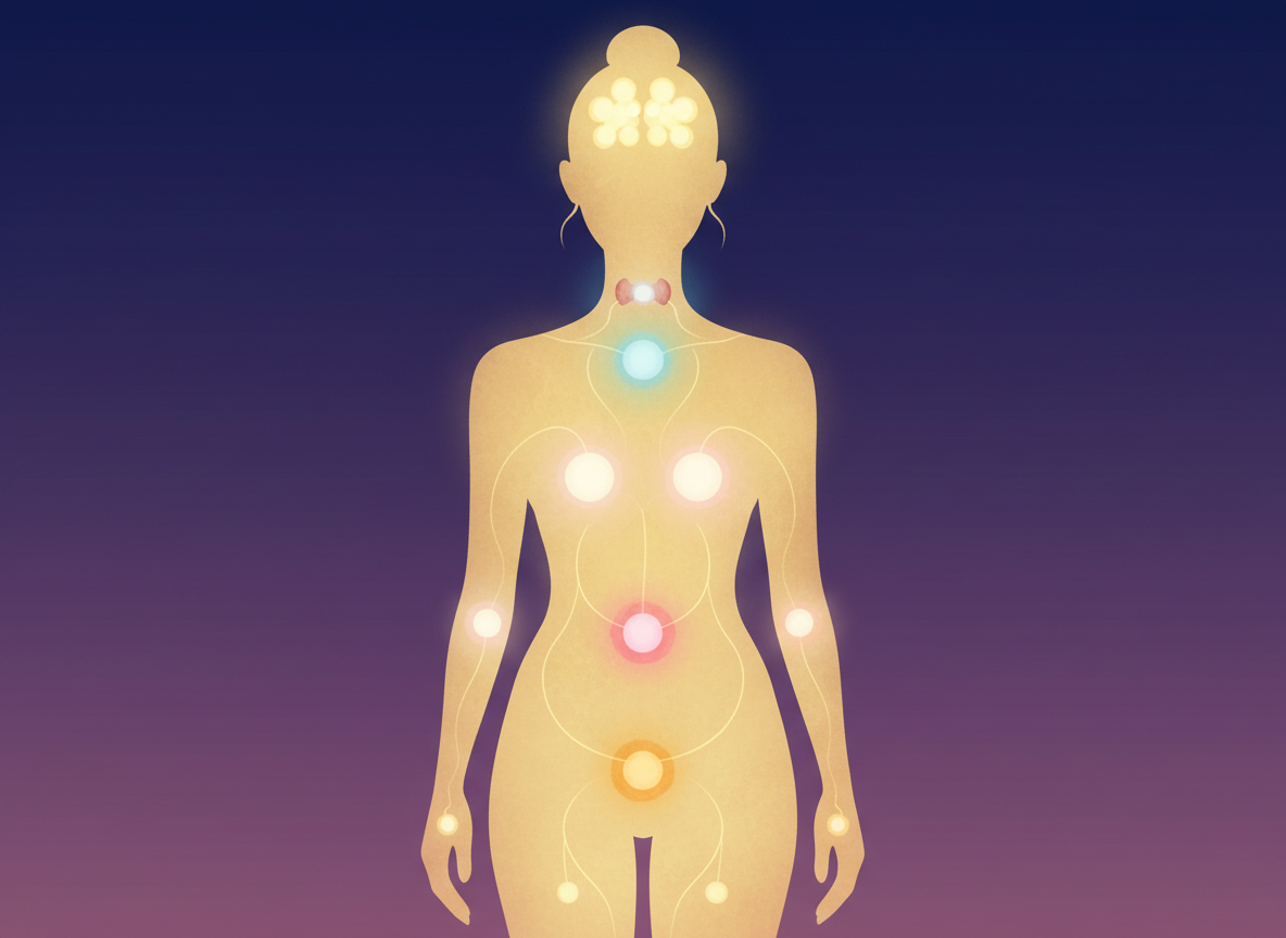 Vizuelna ilustracija unutrašnjeg protoka energije i žlezda u ženskoj silueti, prikazujući vitalne tačke za metabolički i hormonalni balans.