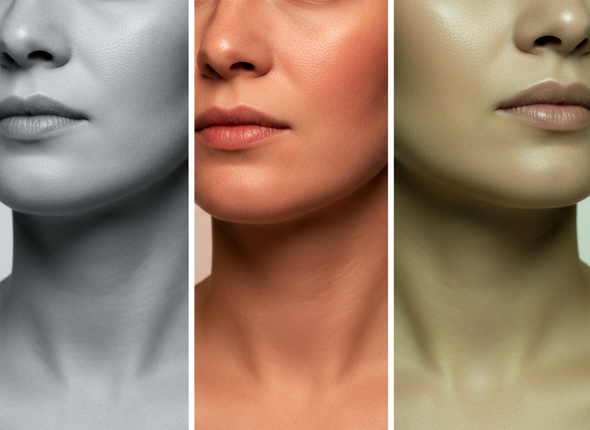 Three side-by-side close-up beauty portraits (only skin and neck, no full faces — diversity): left s