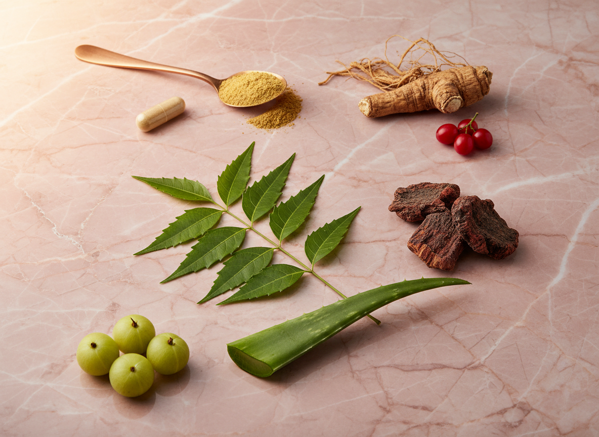 Seven botanical specimens arranged elegantly on rose-gold marble: neem branch with leaves, manjishth