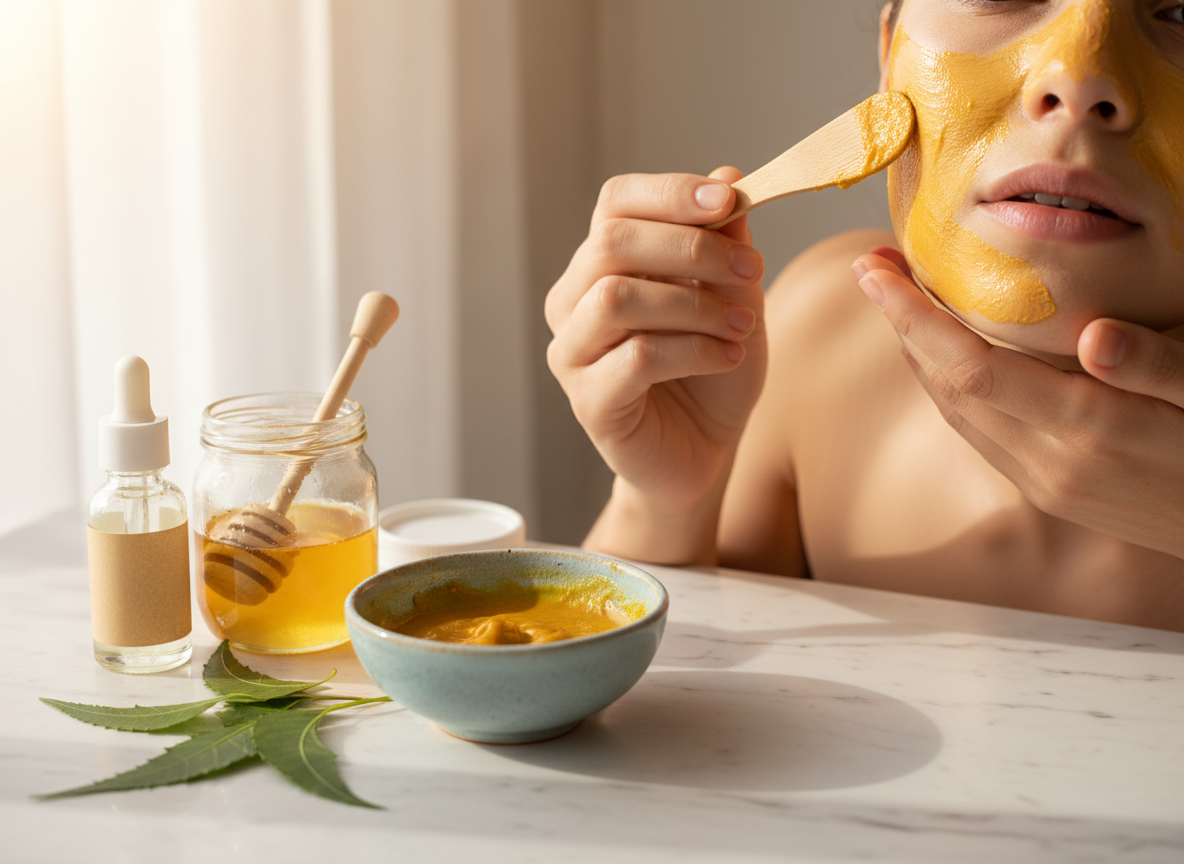 Warm lifestyle close-up: two hands (feminine, unmanicured, natural) applying a golden turmeric-honey