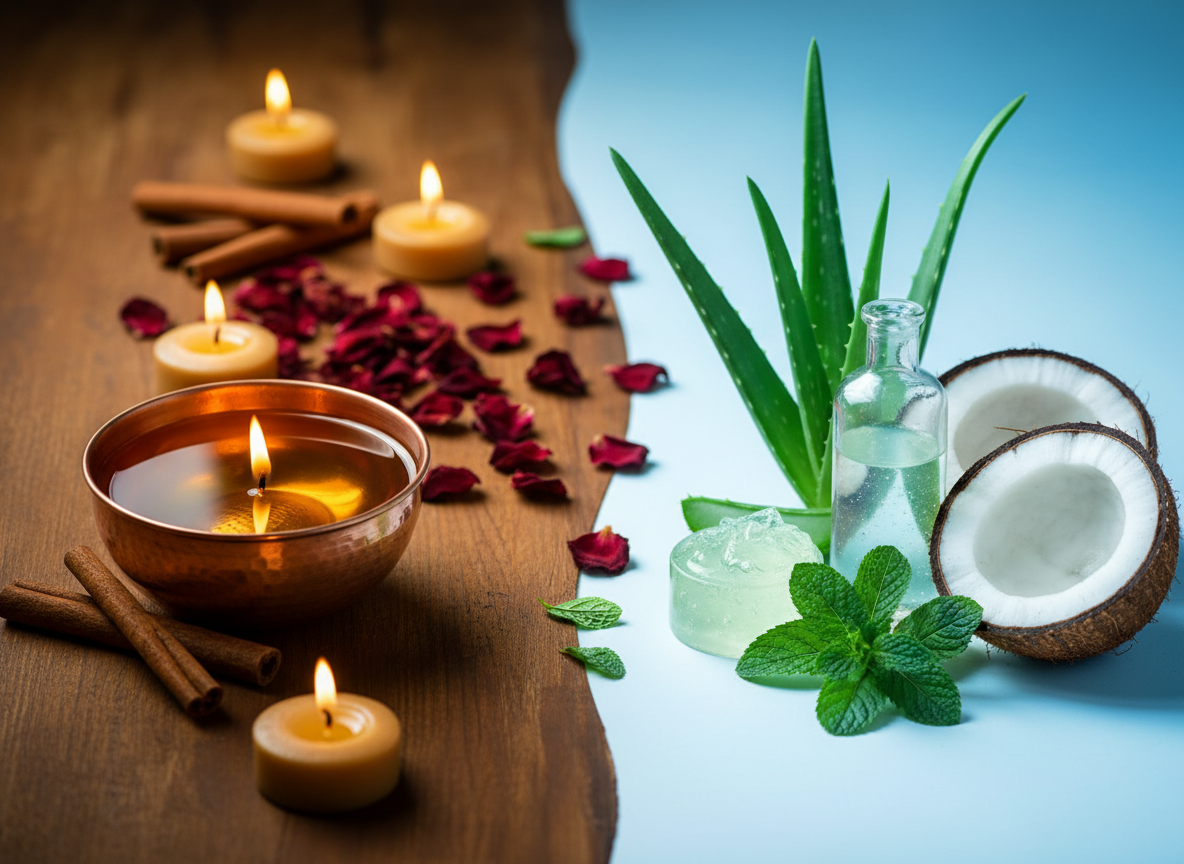 Split seasonal beauty ritual: left half shows a warm autumn/winter Abhyanga scene — a copper bowl of