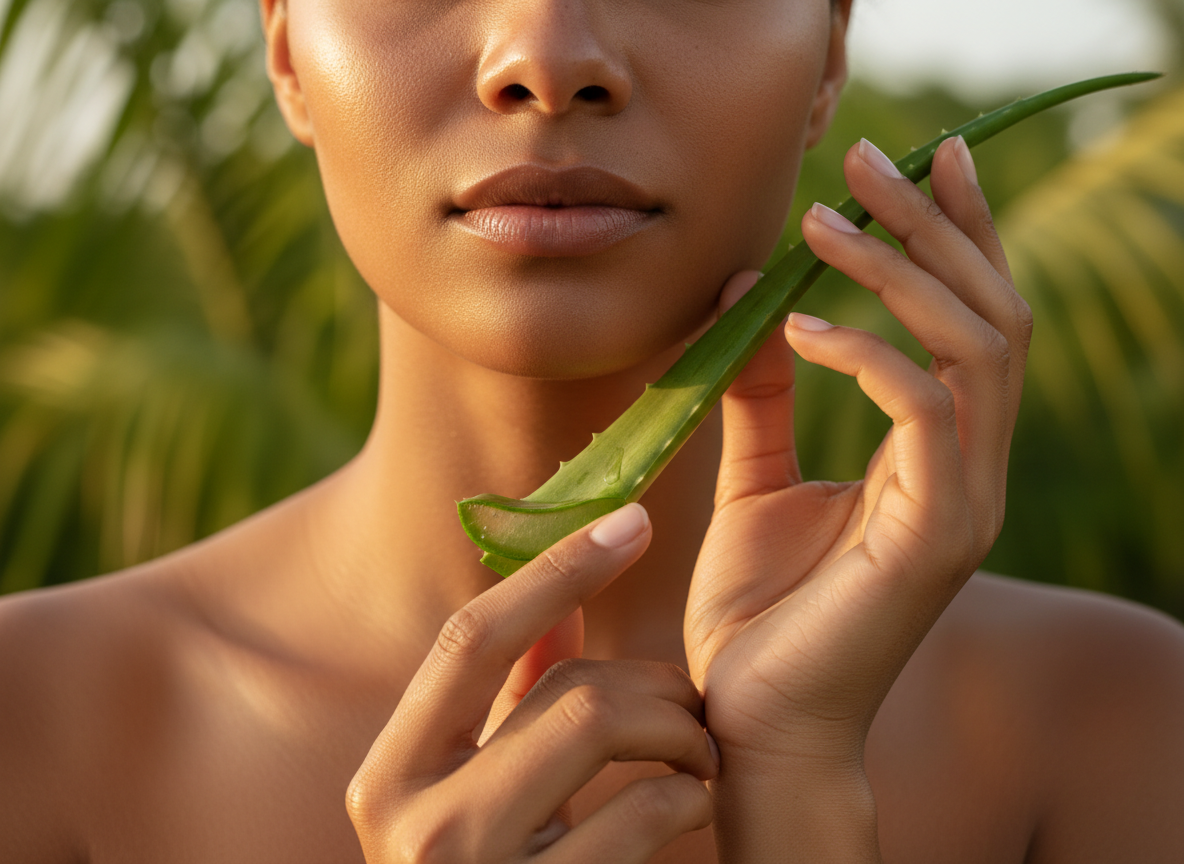 "Intimate beauty portrait: only hands and lower face visible — glowing, healthy, diverse skin. One h