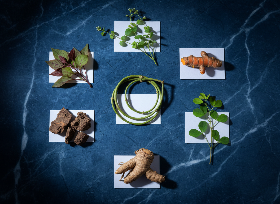 Čist, medicinski prikaz ključnih ajurvedskih biljaka kao što su Ashwagandha i Curcumin na mermernoj pozadini, korišćenih u integrativnom pristupu autoimunim bolestima i Ajurvedi.