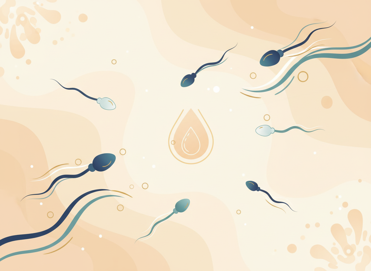 Stilizovana medicinska ilustracija zdravih spermatozoida koji se kreću, što je cilj poboljšanja metodama za mušku neplodnost i ajurvedu.