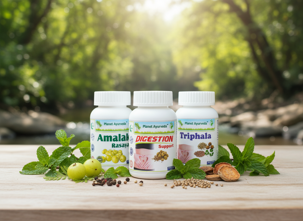 Prirodni ajurvedski suplementi Amalaki Rasayan, Digestion Support i Triphala za dugotrajno rešenje bolova u želucu.